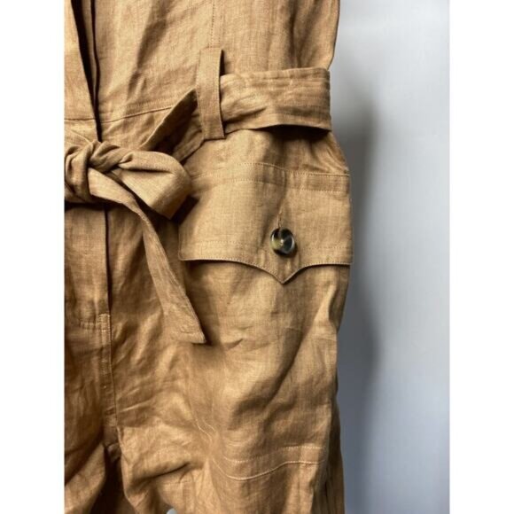 A.L.C. ALC Gilmour Jumpsuit Romper Cafe Brown Linen Tie Waist Utility Women's 4 - Picture 2 of 7